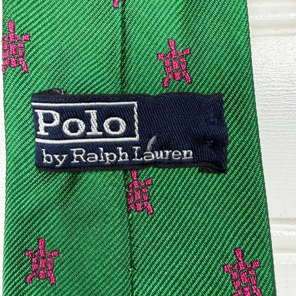 Polo Ralph Lauren Kids Silk Tie Green‎ Pink Turtle Vintage Hand Finished Italy